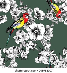 Exotic birds with flowers colorful seamless pattern on green background vector illustration