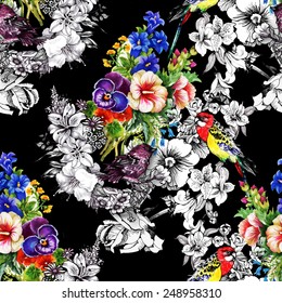 Exotic birds with flowers colorful seamless pattern on black background vector illustration