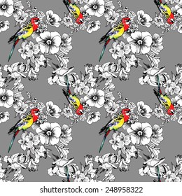 Exotic birds with flowers colorful seamless pattern on gray background vector illustration