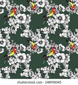 Exotic birds with flowers colorful seamless pattern on green background vector illustration