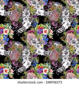 Exotic birds with flowers colorful seamless pattern on black background vector illustration