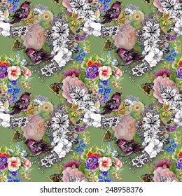 Exotic birds with flowers colorful seamless pattern on green background vector illustration