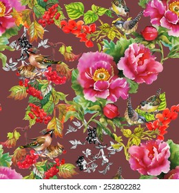 Exotic birds with flowers colorful seamless pattern on brown background vector illustration