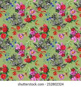 Exotic birds with flowers colorful seamless pattern on green background vector illustration