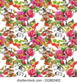 Exotic birds with flowers colorful seamless pattern on white background vector illustration