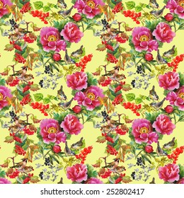 Exotic birds with flowers colorful seamless pattern on yellow background vector illustration