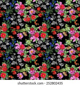 Exotic birds with flowers colorful seamless pattern on black background vector illustration