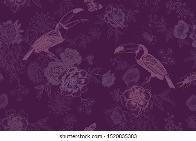 Exotic birds and flowers. Floral seamless pattern. Branches with peonies, roses and toucans. Violet color. Vector illustration. Template for fabrics, textile, paper and wallpaper. Vintage.