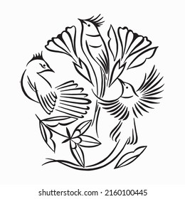 Exotic birds and flowers hand drawn. Stylized black and white ink illustration Isolated on white background. Silhouette vector illustration. Black and white sketch. Linear drawing. Tattoo design.