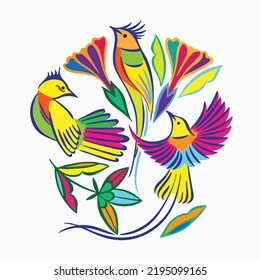 Exotic birds and flowers hand drawn on white background. Cartoon colorful doodle birds, flowers vector illustration.  For t shirts, posters, cards, postcards, fabric texture.