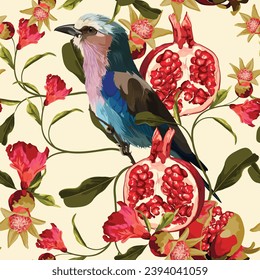 Exotic birds, flowers, pomegranate,  palm leaves, beige background. Floral seamless pattern. Tropical illustration. Exotic plants, birds. Summer beach design. Paradise nature.