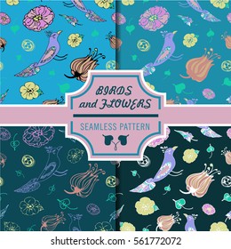 Exotic birds and flowers seamless vector pattern set. For textile, decoration, print or wrapping