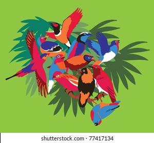 Exotic birds on palm leaves