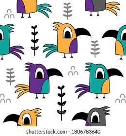 exotic birds on white background seamless pattern