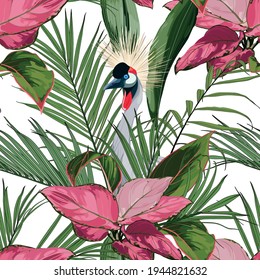 Exotic birds, palm leaves, white background. Floral seamless pattern. Tropical illustration. Exotic plants, birds. Summer beach design. Paradise nature.  Japanese crane bird pattern.