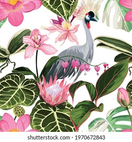 Exotic birds, palm leaves, white background. Floral seamless pattern. Tropical illustration. Exotic pink flowers, birds. Summer beach design. Paradise nature.  Japanese crane bird pattern.