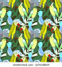 Exotic birds and parrots with plants. vector seamless pattern fairytale birds hand-drawn. multi-colored tropical birds. children's illustration. design concept for clothes, fabrics, wallpaper