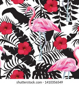 Exotic birds pink flamingo and red hibiscus flowers on the tropical black white silhouette background. Seamless illustration trendy vector pattern
