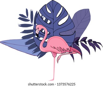 Exotic birds pink flamingo, tropical palm leaves and flowers, jungle beach floral pattern wallpaper white background