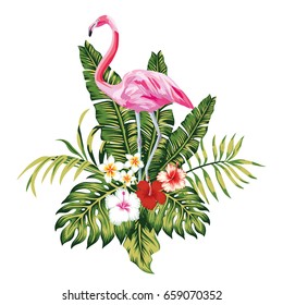 Exotic birds pink flamingo, tropical palm leaves and flowers, jungle beach seamless vector floral pattern wallpaper white background