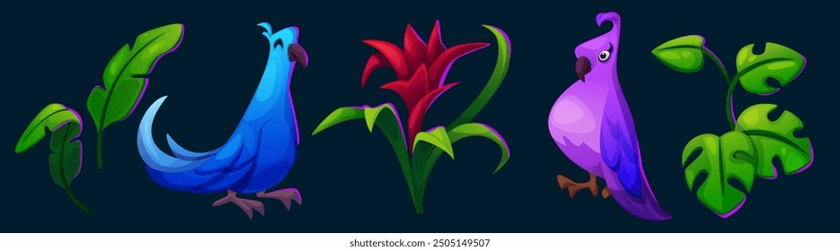 Exotic birds and plants set isolated on black background. Vector cartoon illustration of cute blue and purple parrots, green tropical branches with leaves and red flower, rainforest design elements