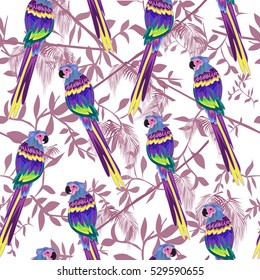Exotic birds, seamless pattern, colorful leaves and parrots, art print, textile texture, wallpaper