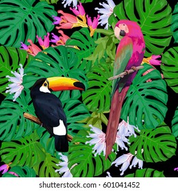 Exotic birds seamless pattern with toucan ara green palm branches and tropical flowers vector illustration