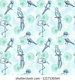 Exotic birds seamless pattern. Tropical birds and leaves of tropical plants.