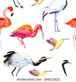 Exotic birds. seamless watercolor background.