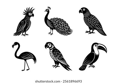 Exotic Birds Silhouette Set – Flamingo, Toucan, Peacock, Macaw, African Grey, and Cockatoo