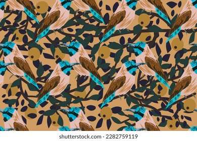 Exotic birds stylish fashionable seamless vector pattern. Artwork for design and decoration