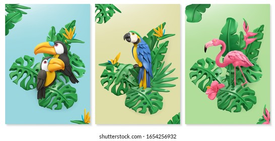 Exotic birds and tropical leaves. Toucan, parrot, flamingo. Plasticine art backgrounds. 3d vector objects