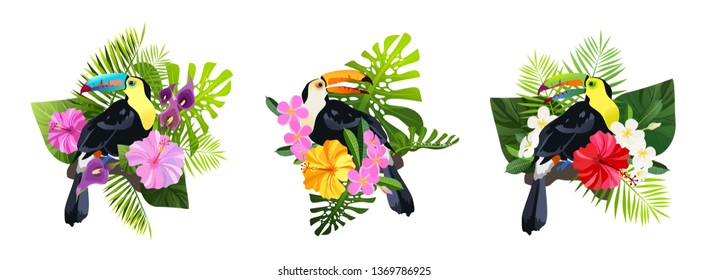Exotic birds vector illustration isolated on white background. Colorful toucan in tropical foliage and flowers composition.