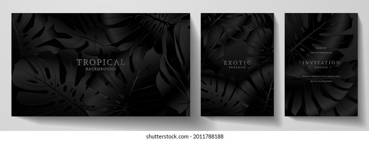 Exotic black banner, cover design set. Floral background with tropical leaf pattern (monstera plant). Premium horizontal, vertical vector template for lux invitation party, luxury voucher, gift card