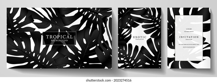 Exotic black banner, cover design set. Floral background with tropical leaf pattern (monstera plant). Premium horizontal, vertical vector template for lux invitation party, luxury voucher, gift card