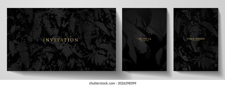 Exotic black banner, cover design set. Floral background with tropical leaf pattern (plant). Premium horizontal, vertical vector template for lux invitation party, luxury voucher, gift card