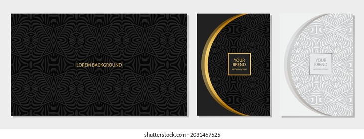 Exotic black banner, cover design set, horizontal and vertical vector template. Geometric volumetric convex ethnic 3D pattern. Oriental, Indonesian, Mexican, Aztec motives.