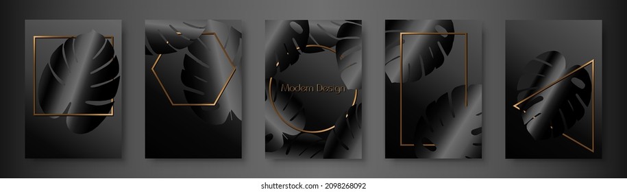 Exotic black banner, cover design set. Floral background with tropical leaf pattern monstera plant. Premium gold frames, vertical vector template for lux invitation party, luxury voucher, gift card
