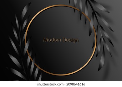 Banner negro exótico, diseño de portada. Fondo floral con palmera de patrón de hoja tropical, rama de olivo. Marcos de círculo oro premium, plantilla vectorial para fiesta de invitación lux, vale de lujo, tarjeta de regalo