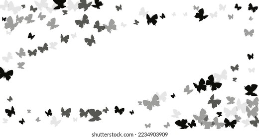 Exóticas mariposas negras volando ilustración vectorial. Pequeños insectos primaverales. Fantásticas mariposas volando un fondo de fantasía. Las polillas de las alas suaves patten. Seres de jardín.