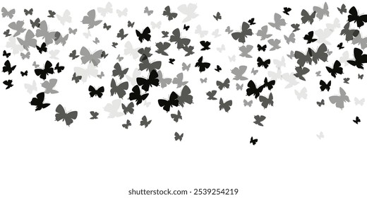 Exotic black butterflies flying vector illustration. Summer pretty insects. Decorative butterflies flying fantasy background. Gentle wings moths patten. Garden creatures.