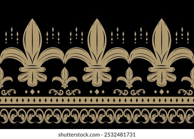 Exótico preto Fleur de lis Design elegante bordado de ouro Vetor de padrão sem emenda. Decoração de borda de ornamento de rolagem encaracolada. Noite de Mistério Luxuoso. Floras Douradas Lilly no Escuro. Estilo Nobre Vitória