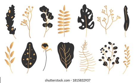 Exotic black gold tropical leaf set. Hand drawn abstract jungle floral botanic element leaves palm, monstera for decorative composition or invitation card Isolated on white vector illustration