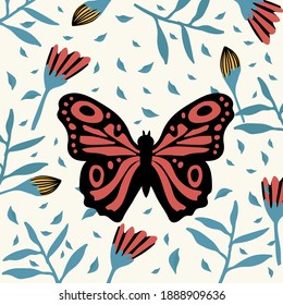 Exotic black and red butterfly. A variety of flying insects with flowers. Doodle picture of soaring, colored, antennae, winged in nature. Illustration for a spring or summer poster.