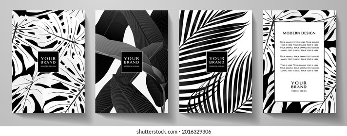 Exotic black and white cover design set. Floral background with tropical pattern of leaf (palm, banana tree). Elegant vector collection for wedding invite, brochure template, restaurant menu