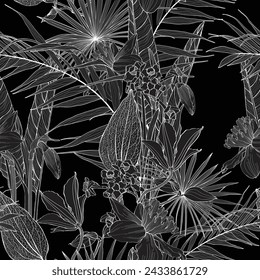 Exotic black white line tropical leaves and flowers background. Floral seamless pattern. Tropical illustration. Summer beach design. Paradise nature.