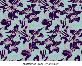 Exotic Black Wild Lily Flower, buds, silhouettes and Leaves botanical seamless pattern drawn by hand with solid fill background. Contemporary Home textile, wallpaper, fabric, package.