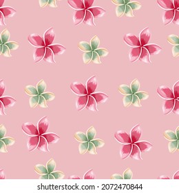 Exotic blooming plumeria seamless pattern on pink background. Tropical flowers wallpaper. Abstract botanical backdrop. Design for fabric , textile print, wrapping, cover. Vector illustration.