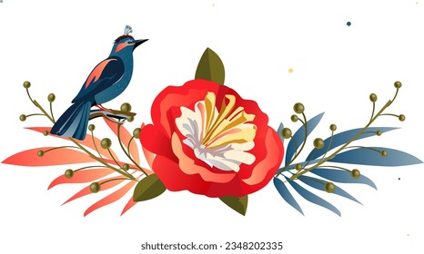 Exotic blue bird red flowers pomegranates tropical leaves traditional Holiday decoration, decorative bouquet ornament elements isolated greeting card background frame floral Christmas wreath poster