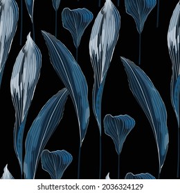 Exotic blue bright leaves seamless pattern on black background.